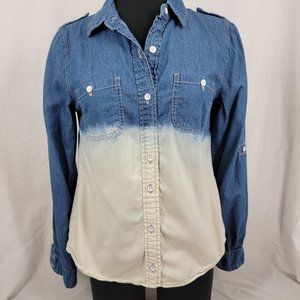 dina be Denim Shirt Button Down Ombre Blue to White Roll Tab Sleeve Women Medium